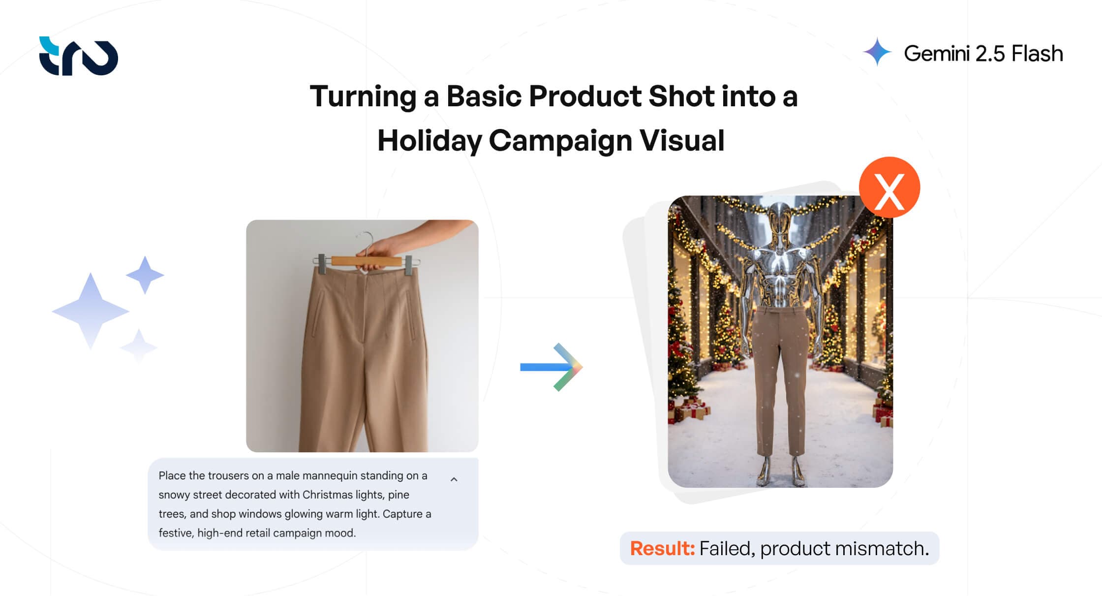 Brown trousers placed into a holiday lights backdrop, generated by Nano Banana model to repurpose a plain product photo for campaign imagery.