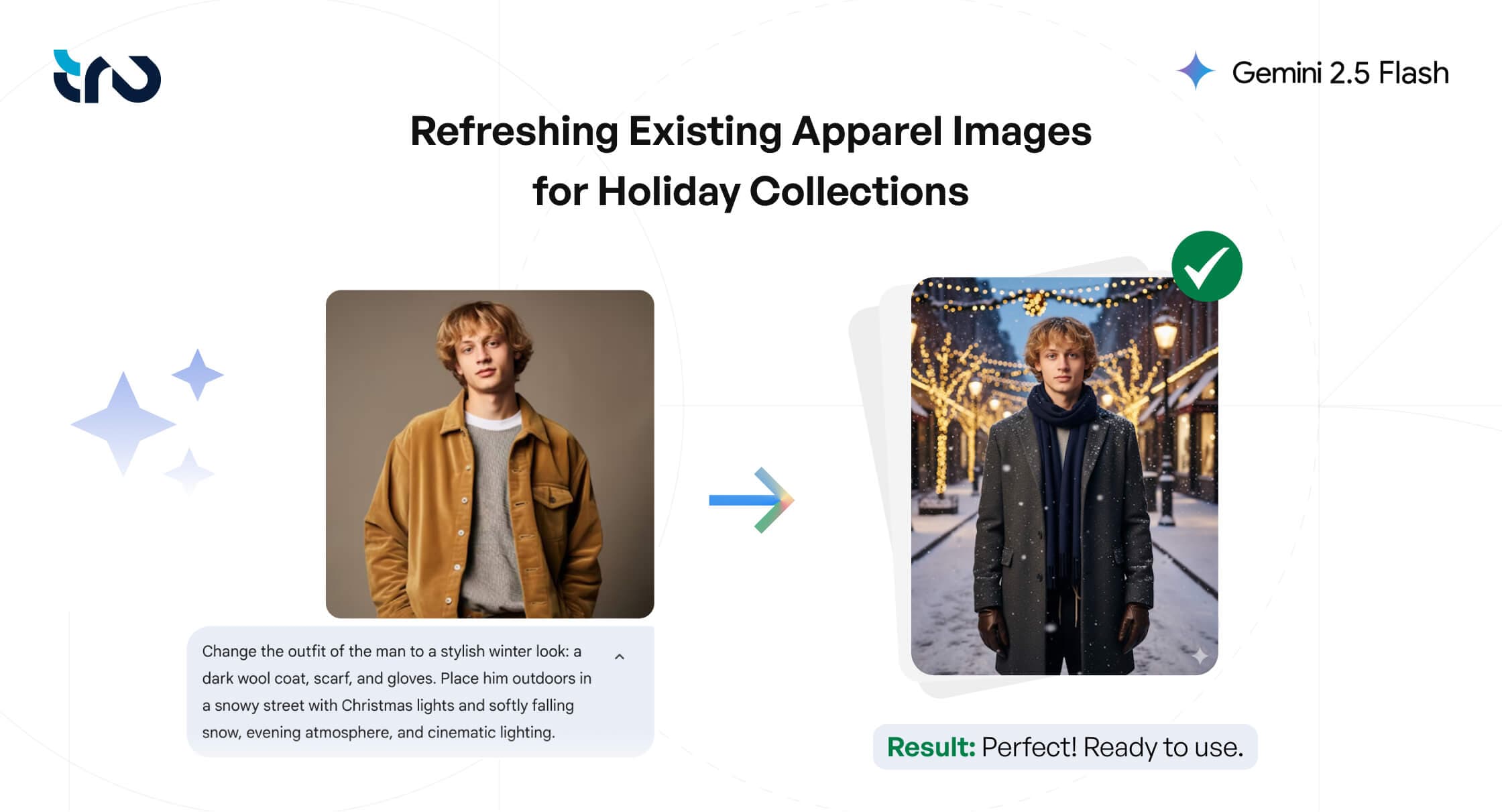 A casual jacket transformed into a festive winter outfit with snow and holiday lights, generated by Nano Banana model for seasonal lookbook use.